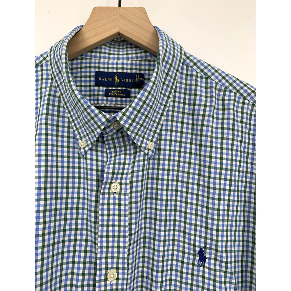 Polo Ralph Lauren Shirt XXL Blue Green Check Performance Stretch Long Sleeve